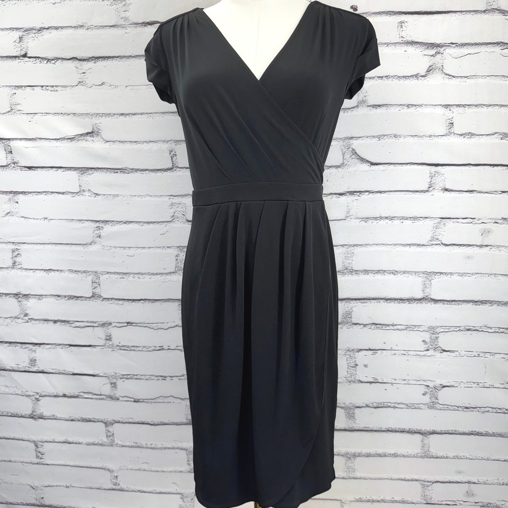 New York & Company Black Faux Wrap Dress Size 4 V Neck Tulip‎ Hem Stretch